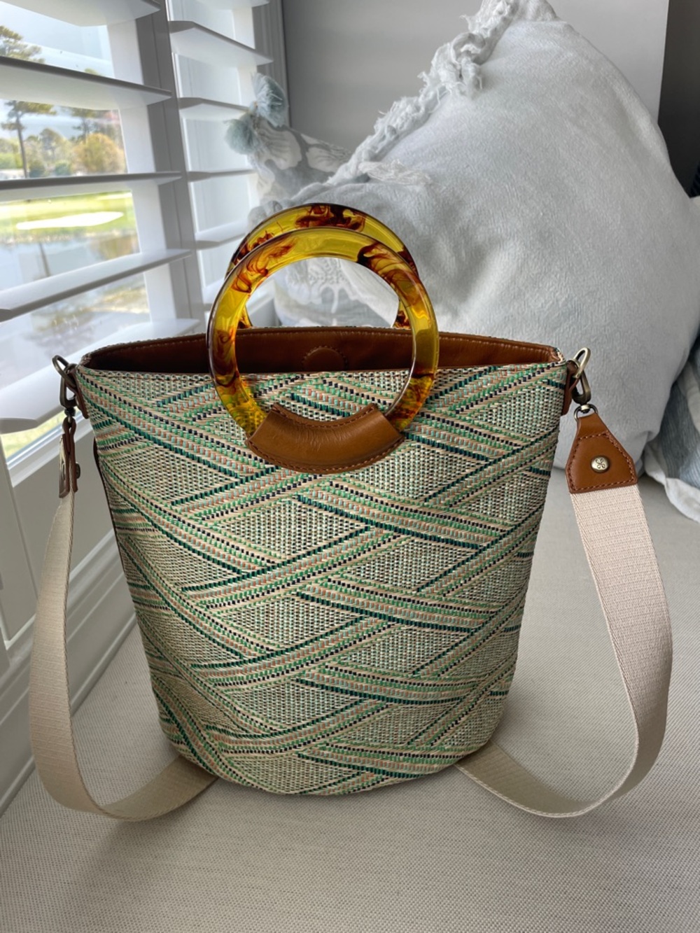 HOBO Sheila Bucket Tote with Ring Handle and Shoulder Strap, Green/Tan/Multi